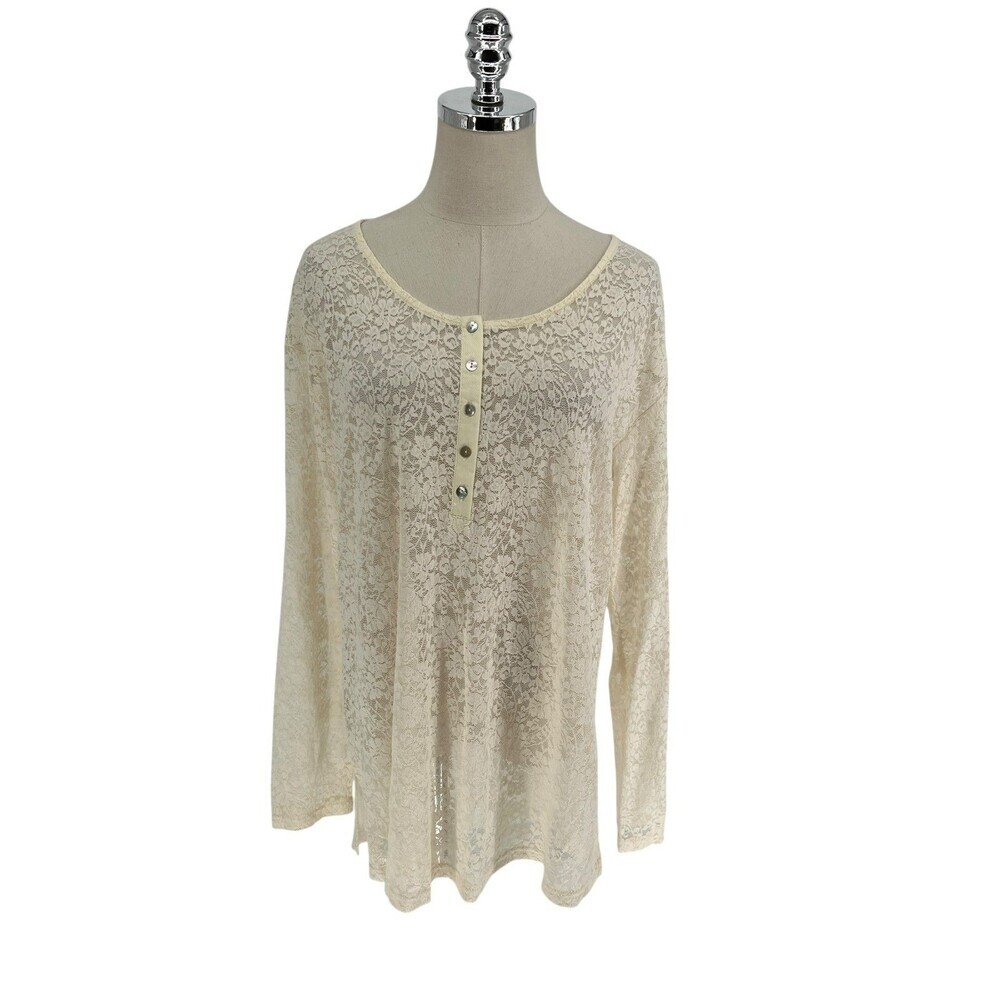 Suzanne Betro Top Women's Size Large Henley Cream Lace Coquette Cottagecore